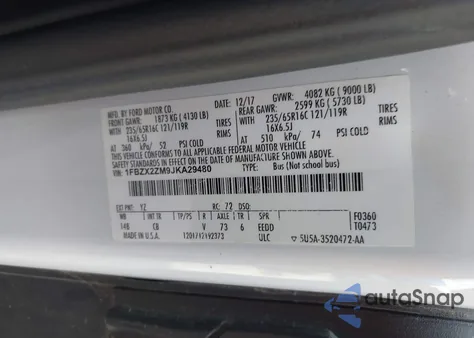 2018 Ford Transit-350 Xlt из США, поврежденный, VIN 1FBZX2ZM9JKA29480